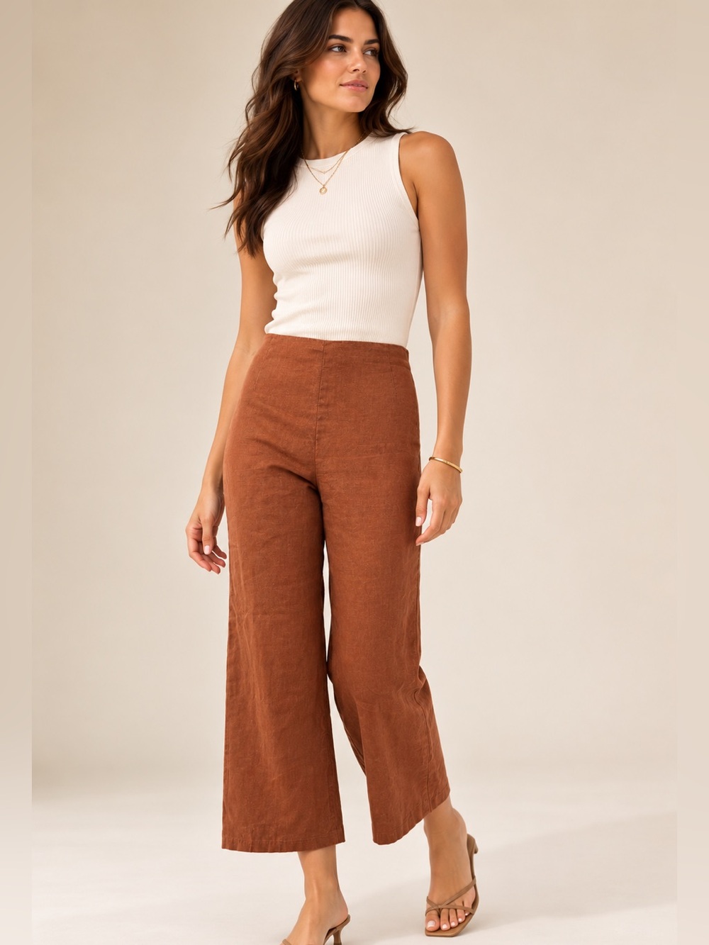 ATTU High Rise Rust Linen Wide Leg Cropped Pants